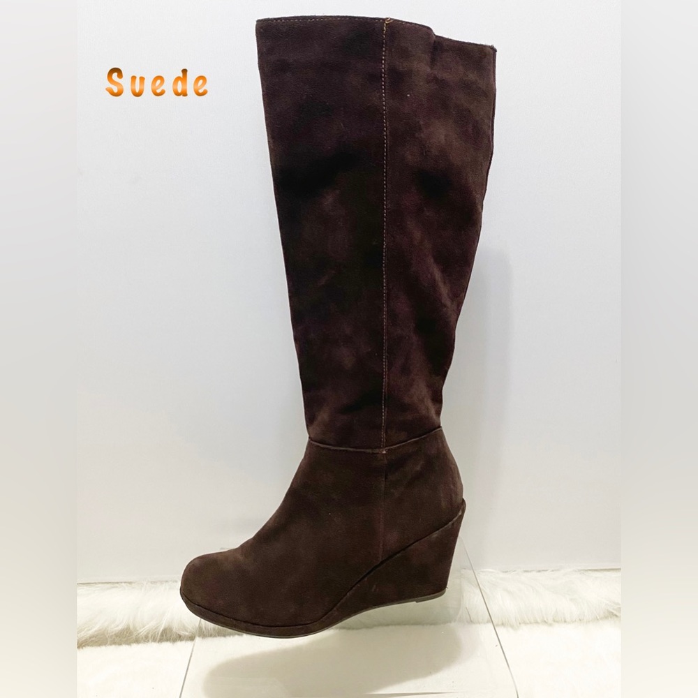 Dark Brown Suede Leather Wide Calf Zip up Tall wedge heel Boot 9.5